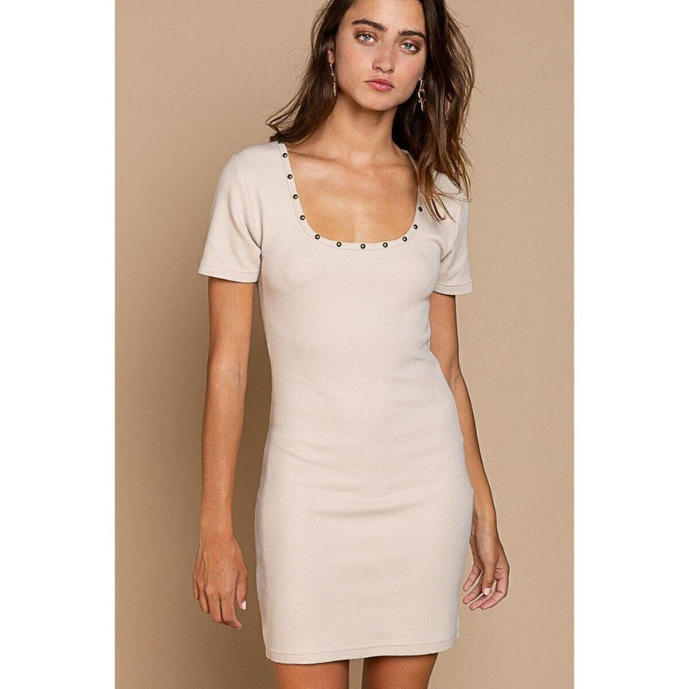 POL Clothing Almond Beige Nailhead Studded Fitted Dress Square Neck YKD44 New